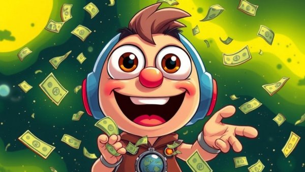 Cartoon character dispersing money in energetic, dynamic scene.