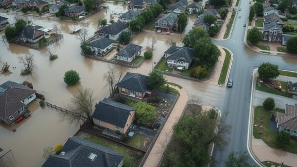 Aerial photo of a flooded neighborhood, illustrating Zillow Climate Risk Scores impact.