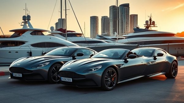 Aston Martin yacht-inspired design cars near marina at sunset.
