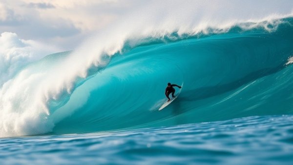 Epic surfing session with surfer riding huge wave, dynamic and vibrant.