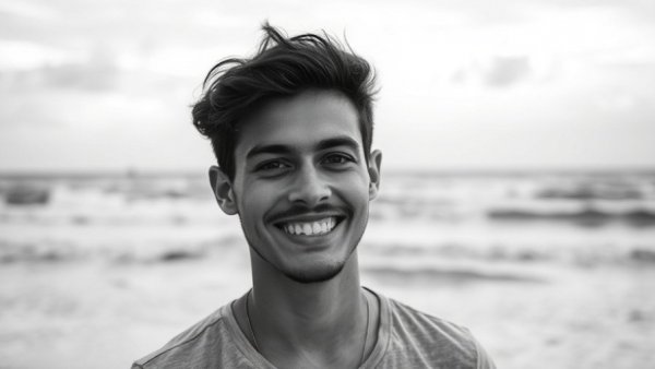 Young man smiling at the beach, related to shark attacks in Sydney.