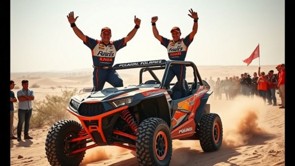 Polaris RZR Dakar Rally Victory celebration with drivers on vehicle.