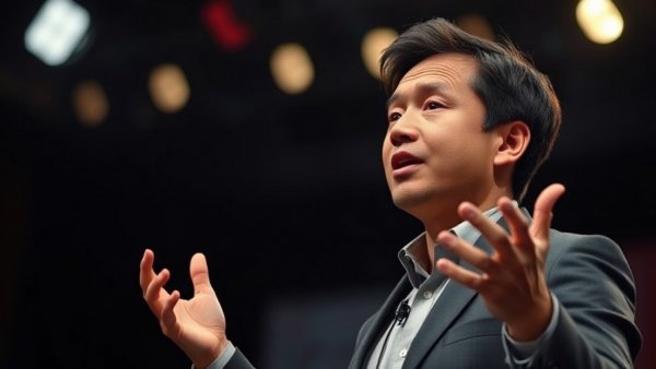 Speaker discussing plastic waste recycling solution in a dynamic presentation.