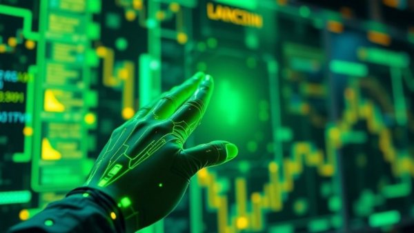 Futuristic digital hand exploring blockchain, concept of crypto money laundering.