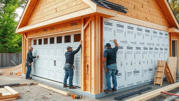 Sheathing and siding flashing on slab-on-grade garage construction.