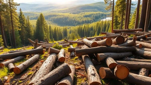 Deforested landscape depicting logging practices, vibrant forest background.