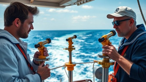 Sailors use sextants for celestial navigation on the Atlantic Ocean.