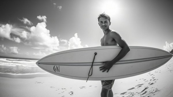 Young surfer with surfboard on North Shore beach.