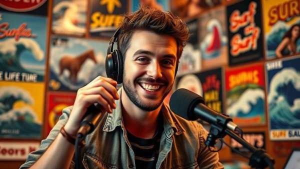 Charming male podcast host in surf-themed room atmosphere.