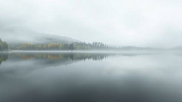 Serene lake in Boundary Waters area with dense forest and fog