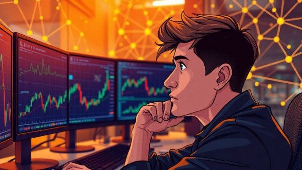 Analyzing Bitcoin Prolonged Consolidation on multiple screens in office.