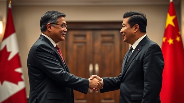 Canada China EV trade deal meeting with flags in the background.