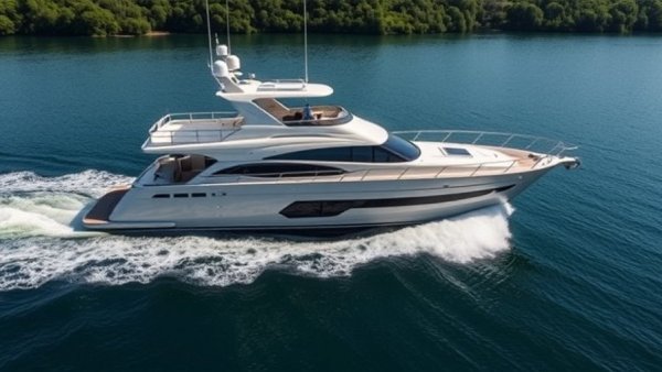 Grand Banks 44 Eastbay SX for sale cruising on water with green backdrop.