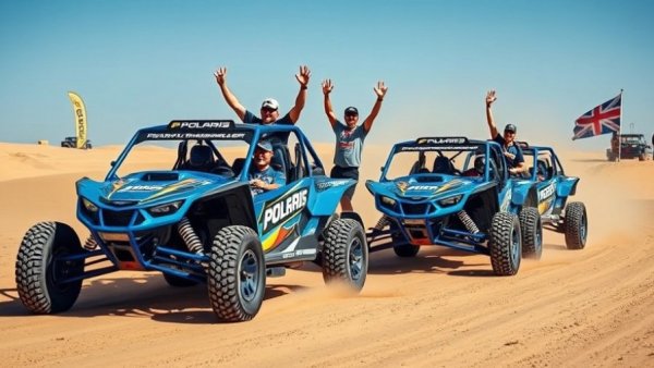 Polaris rally team celebrating on desert track at Dakar Rally 2026.