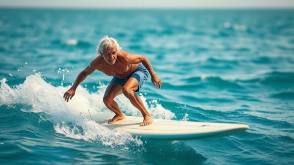 Elderly surfer smoothly rides wave, oceanic backdrop.