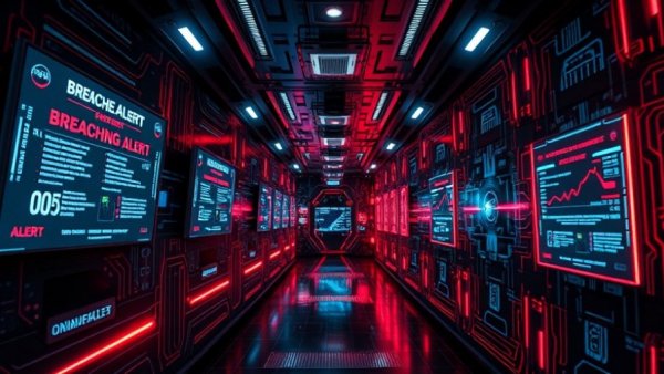 Unauthorized healthcare data breach alert displayed on digital screens in a futuristic corridor.