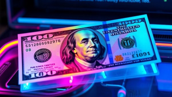 Holographic dollar bill in luminous futuristic display.
