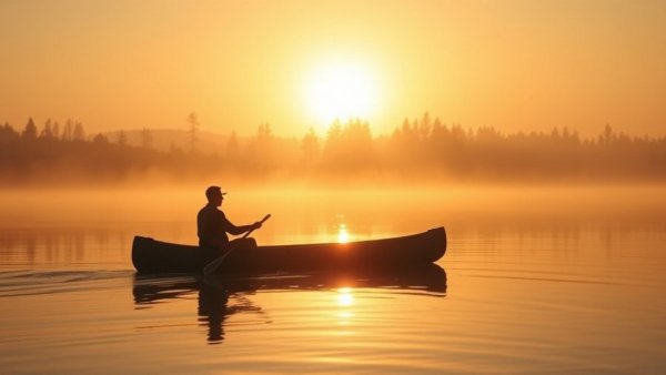Solo canoe tripping at sunrise on misty lake, golden glow.