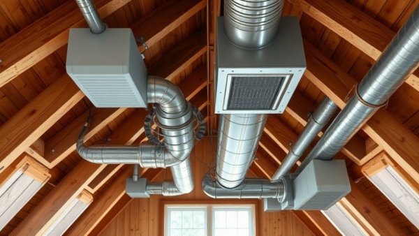 Modern attic ventilation showcasing HVAC efficiency with pipes and vents.