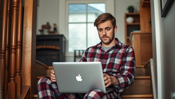 Man working in pajamas on laptop at home for network marketing freedom.