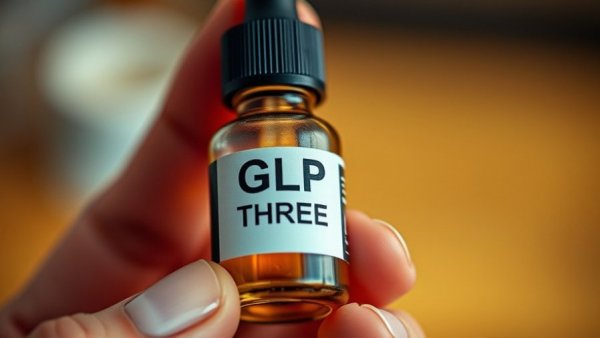 Close-up of GLP THREE dietary supplement bottle held by hand