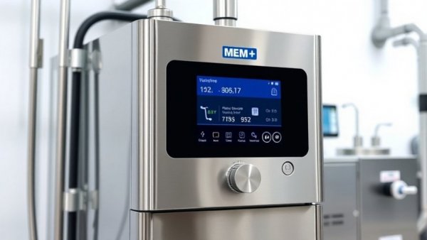 Modern MEM+ gas mixer series with display screen, industrial setting.