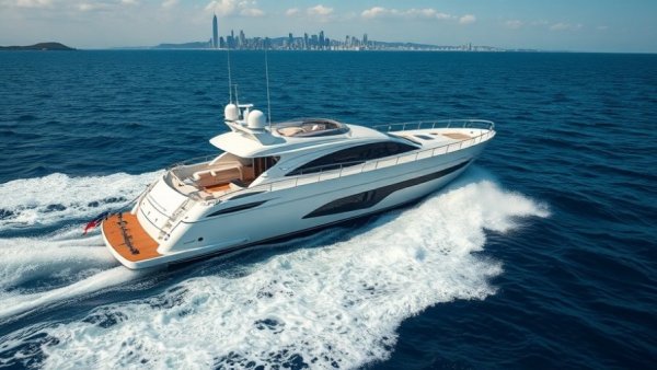 Luxury yacht speeds on ocean with city skyline in background.