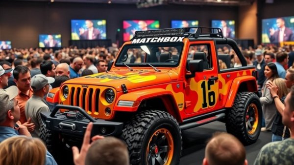 Vibrant showcasing of customized Matchbox Jeep Wrangler at auction