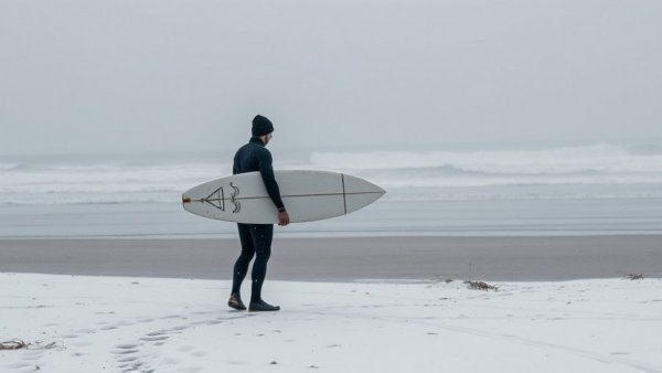 Winter storm forecast East Coast with snowy beach and surfer