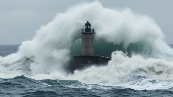 Record Breaking Mediterranean Wave crashing against a lighthouse, stormy weather.