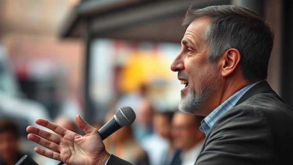 Speaker discussing Mamdani's Climate Challenges NYC passionately outdoors.