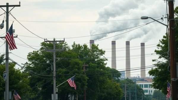 Urban street scene with power plant smoke, highlighting environmental impact.