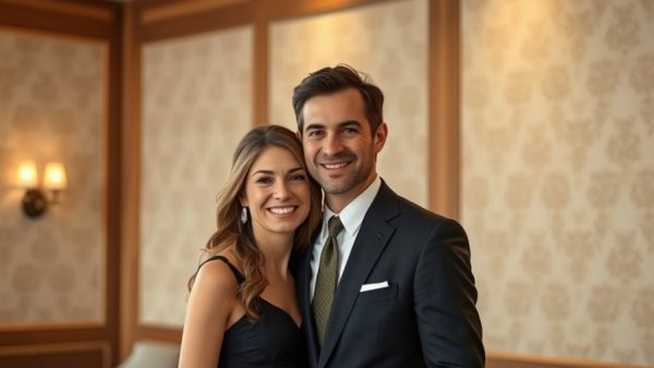 Elegant couple in formal attire smiling indoors with soft lighting.
