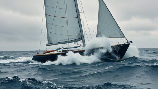 Sailboat damage during Jules Verne Trophy race, waves crashing.