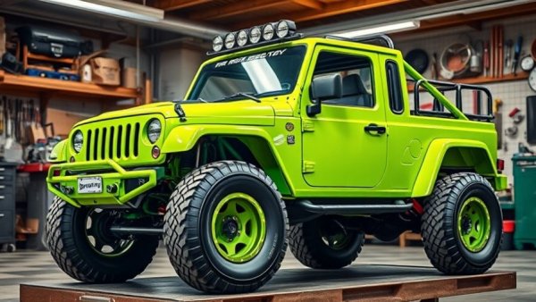Vibrant lime green 200-horsepower Mini Trophy Truck displayed in a workshop.
