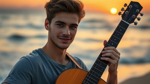 Young male with guitar by the beach at sunset