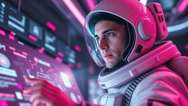 Futuristic astronaut in pink digital glow, data breach warning USA
