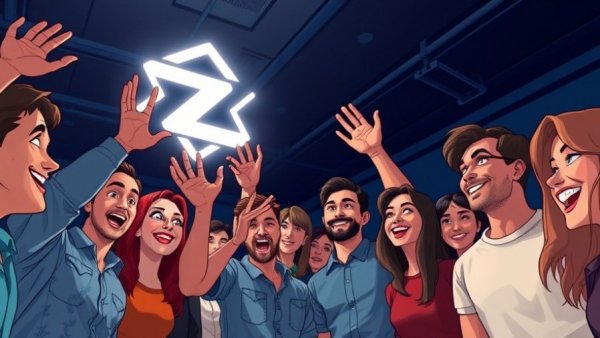 Diverse group engaged with the Tezos symbol, highlighting upgrade block times.