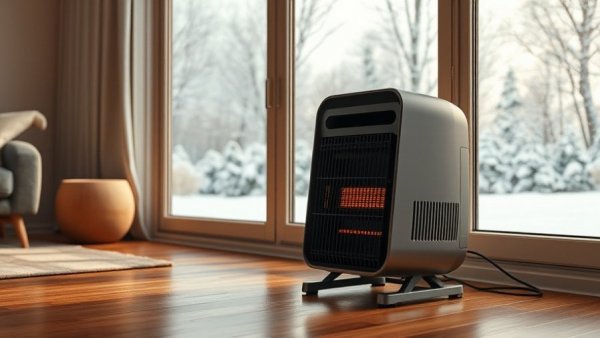 Modern electric space heater in cozy living room for best supplemental heat for extreme cold.