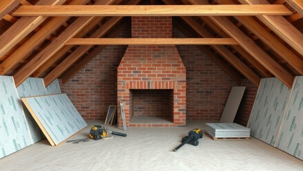 Attic space with brick chimney chase and insulation materials.