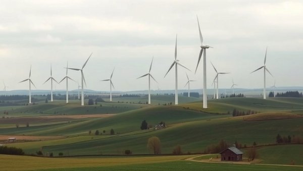 Wind farm in rural landscape under cloudy sky, Onshore Wind Power Challenges.