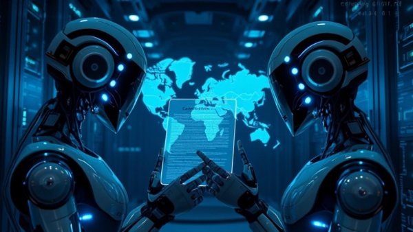 Futuristic AI robots in a server room with data constitution hologram.