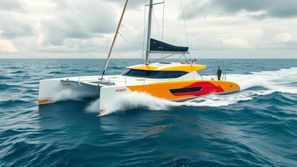Modern trimaran sails in ocean, vibrant design, Jules Verne Trophy Record.