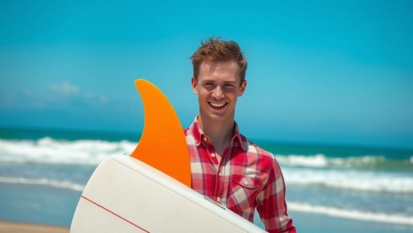 Man with unusual orange surf fin on beach, weirdest single fins surfing.