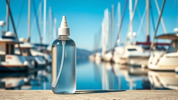 Adhesive remover bottle on marina railing with boats in background.