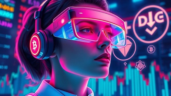 Futuristic woman with cryptocurrency symbols in neon cyber environment.