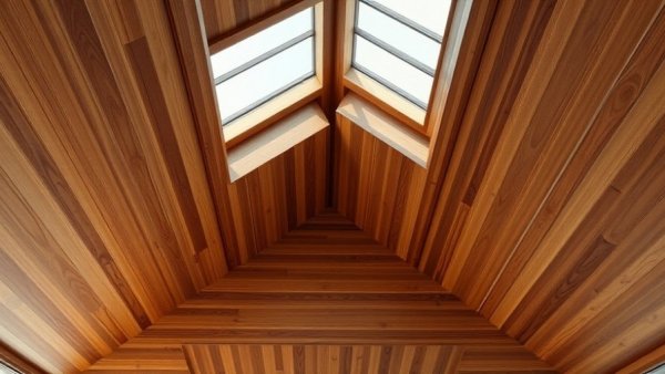 Roof ventilation with wood panel ceiling in Maine, warm natural light.