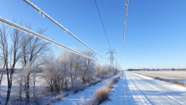 Winter storm impacts on rural landscape with icy power lines.