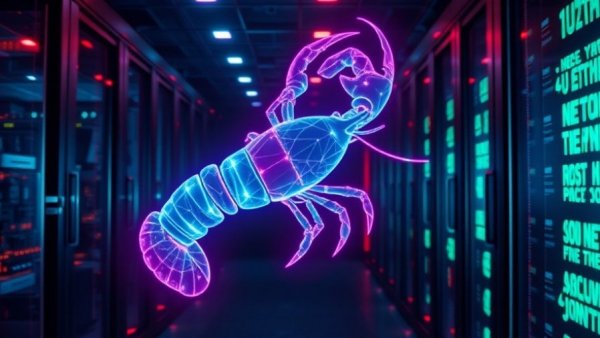 Futuristic holographic lobster in server room with digital networks, depicting MCP shipped without authentication.