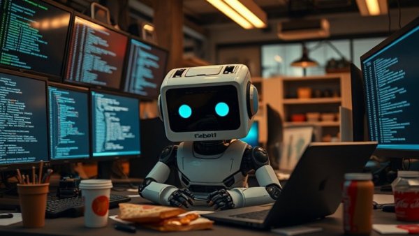 Cube robot diligently working on code tasks, cluttered desk, late-night office.